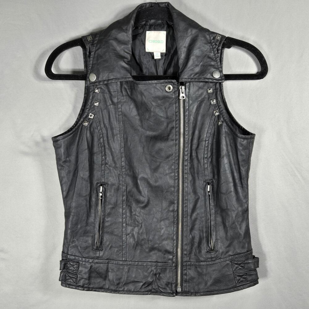 Chord Vest Women XS Black Studded Faux Leather Moto Biker Rock Collared Zip Punk